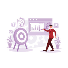 Businessman is holding an arrow and trying to hit the center of the target. Successful business strategy concept. Trend Modern vector flat illustration.
