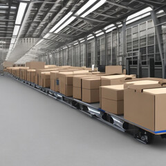 Transportation technology with 3d rendering robot carry cardboard boxes to automation train with Generative AI