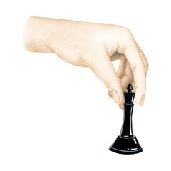 Watercolor chess player hand making move with black queen illustration isolated on white background for board game designs