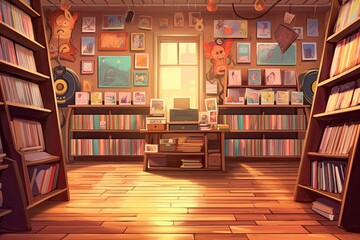 Musical Nostalgia: Explore a Retro Vinyl Record Store Filled with Classic Albums in a Vintage Background, generative AI