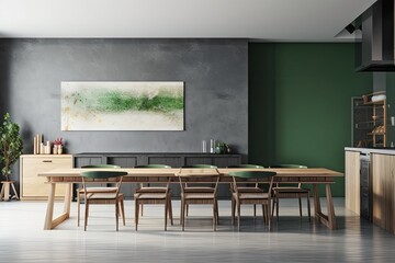 A long wooden dining table with green and wooden seats is seen from the side in a gray kitchen. a banner. a mockup. Generative AI