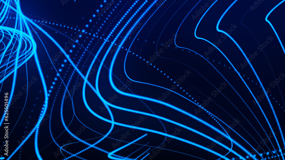 Poster Dynamic wave of glowing particles. Data flow information. Concept of digital communication. Technology or Science Banner. Big data visualization. 3D rendering.