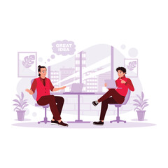 Obraz premium Mature business people are sitting together discussing business information using digital tablets. Trend Modern vector flat illustration.