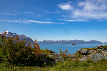 Fototapeta na wymiar Stunning view of mountains and fords in Norway.Lattervik, red ship