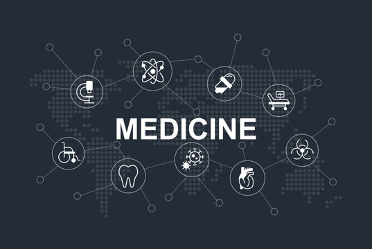World medicine word concept design template with icons. Infographics with text and editable white glyph pictograms. Vector illustration for web banner, presentation. Montserrat font used