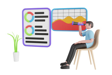 trend research 3d illustration. Analyst forecasting future trends. Infographic and statistics on screen