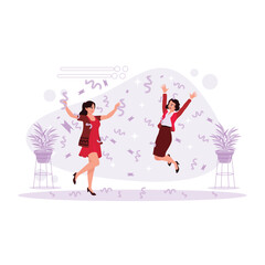 Two women are jumping and celebrating happiness by throwing confetti. Trend Modern vector flat illustration. 