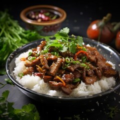 Sichuan Twice-Cooked Pork, served with steamed jasmine rice, garnished with a sprinkling of fresh coriander leaves