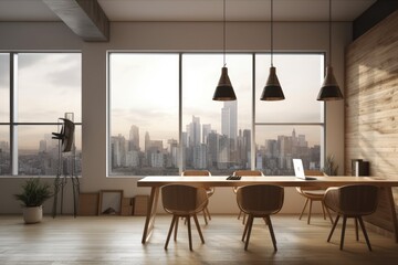 A contemporary office setting includes wooden chairs, a wall mock up with an empty poster, equipment, a window with city views, and lighting. Concept of coworking and the workplace. Generative AI