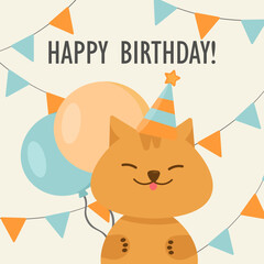 Birthday card with cute cat and balloons