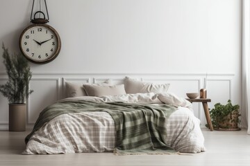 A mock up of a home's interior wall in a white bedroom with an unmade bed, plaid, cushions, and a plant. The top is unoccupied. Generative AI