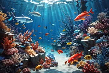 coral reef with fish and coral, aquarium