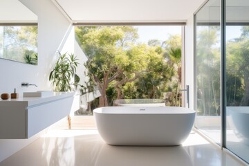 Fototapeta na wymiar A neat and minimalist bathroom features a white color scheme with a standalone bathtub, vibrant windows, stylish taps, and a shower enclosed by a glass wall.