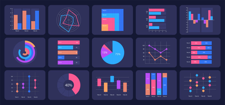 Financial analysis infographic chart design template set for dark theme. Visual data presentation. Editable bar graphs and circular diagrams collection. Myriad Pro-Regular, Variable Concept fonts used