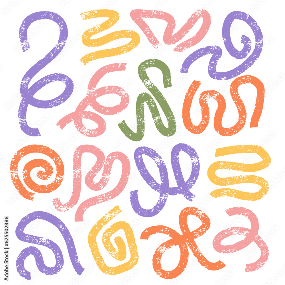 Poster set of colorful bold curved lines with loops isolated on white. hand drawn rough grunge wavy and swi