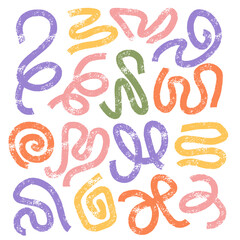 Set of colorful bold curved lines with loops isolated on white. Hand drawn rough grunge wavy and swirled brush strokes. Simple childish vector scribbles and squiggles. Creative y2k trendy style design