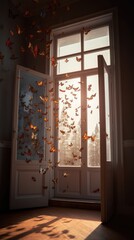 Butterflies Burst into Room, Many Butterflies in Morning Window, Abstract Generative AI Illustration