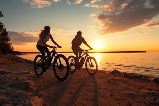 Cycling People Silhouettes on Beach, Generative AI Illustration