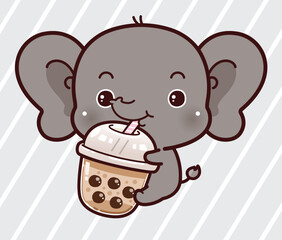 Cute Little Elephant Hug Boba Milk Tea. Kawaii Cute Vector