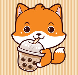Cute Little Fox Hug Boba Milk Tea. Kawaii Cute Vector