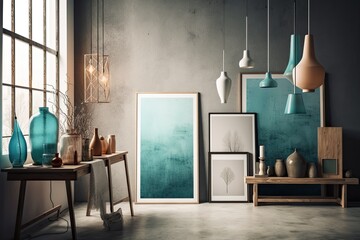 A contemporary room with vases, posters, and racks. poster prototype. Generative AI
