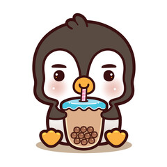 Cute Little Penguin Eating Boba Milk Tea. Cartoon Style