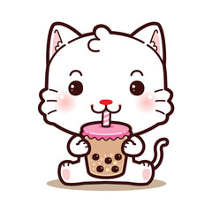 Cute Little White Cat Eating Boba Milk Tea. Cartoon Style