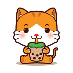 Cute Little Orange Cat Eating Boba Milk Tea. Cartoon Style