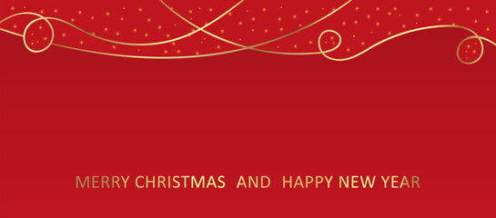 Merry Christmas greeting on a red background with golden elements.Happy New Year 2024.Merry Christmas and Happy New Year web banner illustration with gold threads and sequins. Vector