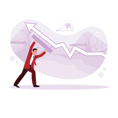 Businessman carrying a ruler and measuring up arrow. Trend Modern vector flat illustration.