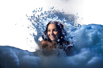 Beautiful happy young brunette woman taking a foam bubble bath in spa with water splashes isolated for dark background