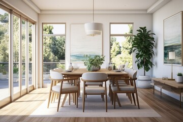 Fototapeta premium In the dining area, there is a table surrounded by chairs and covered by a rug. A spacious window is positioned in front, allowing ample natural light to enter the room.