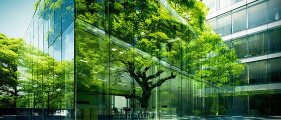 office building with tree for reducing carbon dioxide, Eco green environment.