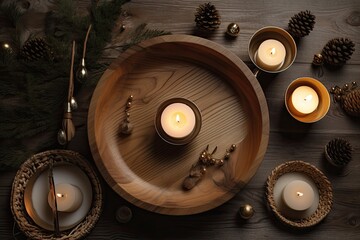 a mock up of a wooden dish with candles next to it. view from above. Generative AI