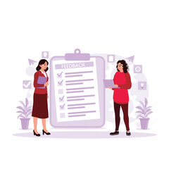 Online review of evaluation time by two female employees. Auditing assessment concept. Trend Modern vector flat illustration.