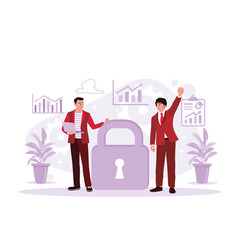 Two successful business people are cheering and standing between big locks on a backdrop of rising plants and graphs. Trend Modern vector flat illustration.