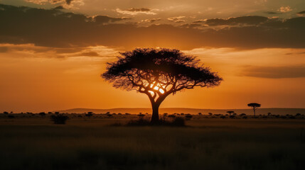 Naklejka na ściany i meble Tree silhouette in the sunset