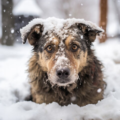 homeless dog is sad in the rain and snow