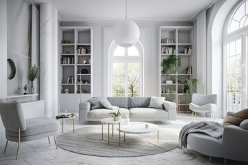 A circular table, light gray sofas and armchairs nearby, tall windows, and book shelves can be found in this white and gray living room design. a mockup. Generative AI