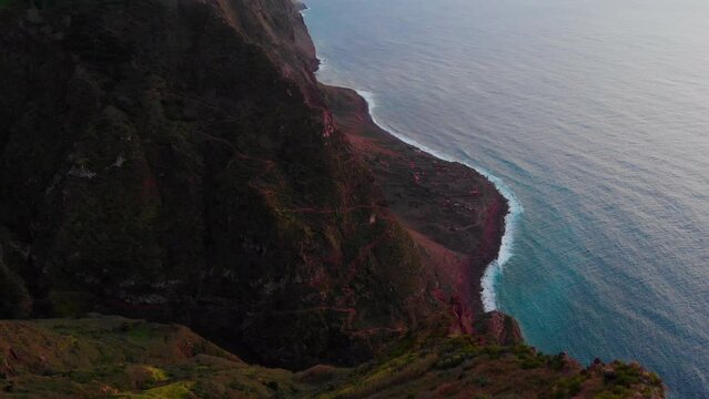 Epic drone's view of mountains and sea Ponta da Ladeira in Madeira. Aerial forward view