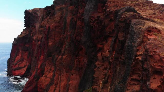 Turning drone shot of cliff in Sao Lourenco Madeira. Portugal. Real time