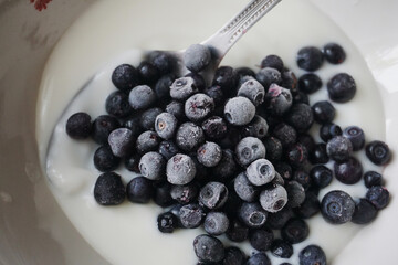 frozen blueberries in white yogurt