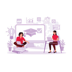 Two young men and women take personal development online education training E-learning. Trend Modern vector flat illustration.