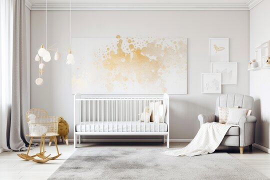 A photo of a bright infant room with white furniture, a gray carpet, and a golden painting on an empty wall. Generative AI