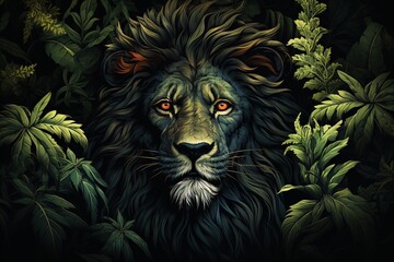 lion head with cannabis marijuana leaves on black background Rastaman style illustration generative ai - obrazy, fototapety, plakaty