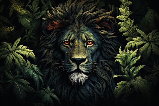 lion head with cannabis marijuana leaves on black background Rastaman style illustration generative ai