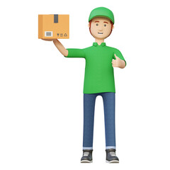 courier delivery man holding package box 3d cartoon illustration