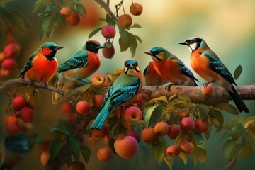 Colorful birds tree food. Generate Ai