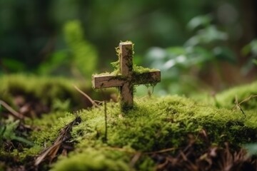 Cross grave moss forest. Generate Ai