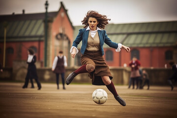 Fashionable 1930s woman playing football - soccer - obrazy, fototapety, plakaty